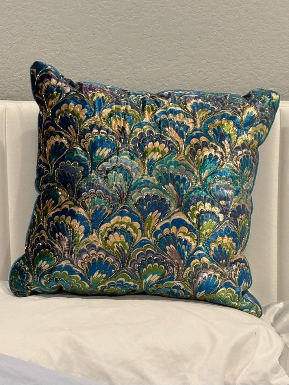 Teal and Blue Peacock Fan Accent Pillow with Gold Details